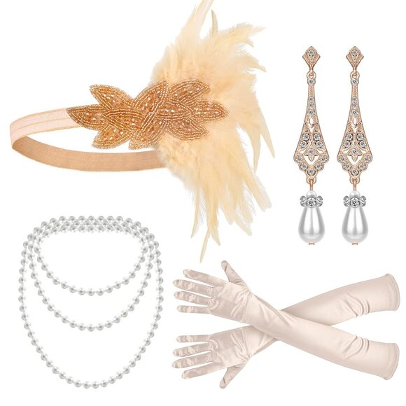 Flapper Accessories 1920s Gatsby Headband Necklace Gloves for Women - Picture 1 of 7